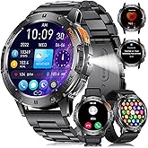 Military Smart Watches for Men(Answer/Make Calls) with LED Flashlight,530mAh Large Battery,1.43’’ AMOLED Heart Rate/Sleep Monitor 5ATM Waterproof Smartwatch for Android iOS,100+Sport Modes,3 Straps