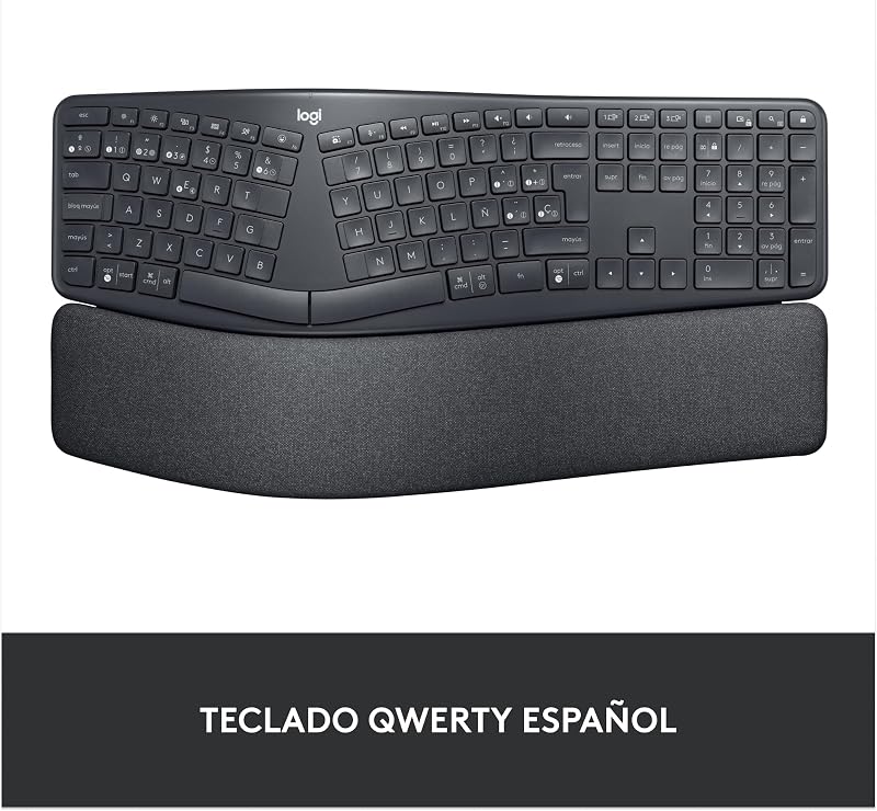 Teclado ergonômico e sem fio logitech ergo k860 - teclado dividido, apoio para as mãos, digitação natural, conectividade bluetooth e usb, compatível com windows/mac, layout qwerty espanhol - grafite