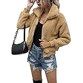 AKEWEI Women's Short Faux Fur Coat Casual Shaggy Jacket with Pockets Warm Winter Zip-Up Fluffy Outwear
