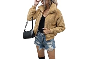 AKEWEI Women's Short Faux Fur Coat Casual Shaggy Jacket with Pockets Warm Winter Zip-Up Fluffy Outwear