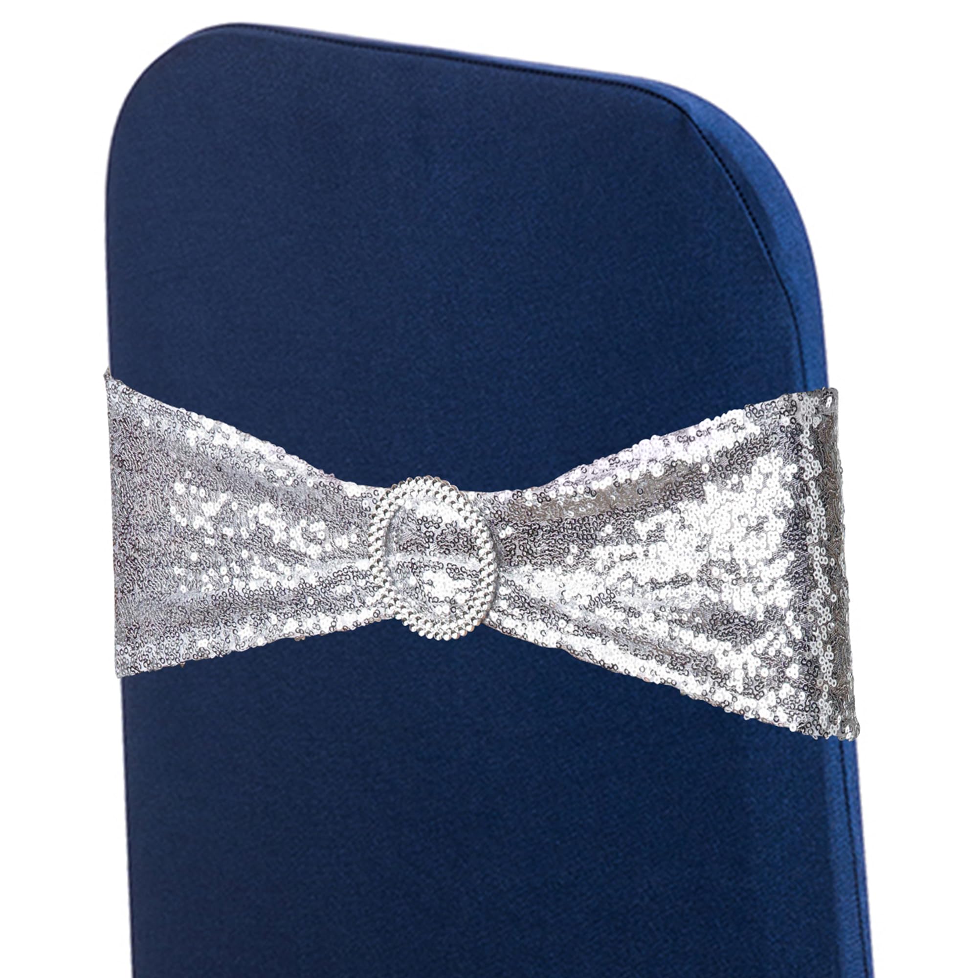 WedDecor Spandex Chair Band with Slider Buckle Stretchy Shiny Fabric Chair Bands Sash For Wedding, Party, Reception, Birthday, Chair Decoration, Events Supplies, 13 x 6 Inches, Sequin Silver, 10Pcs