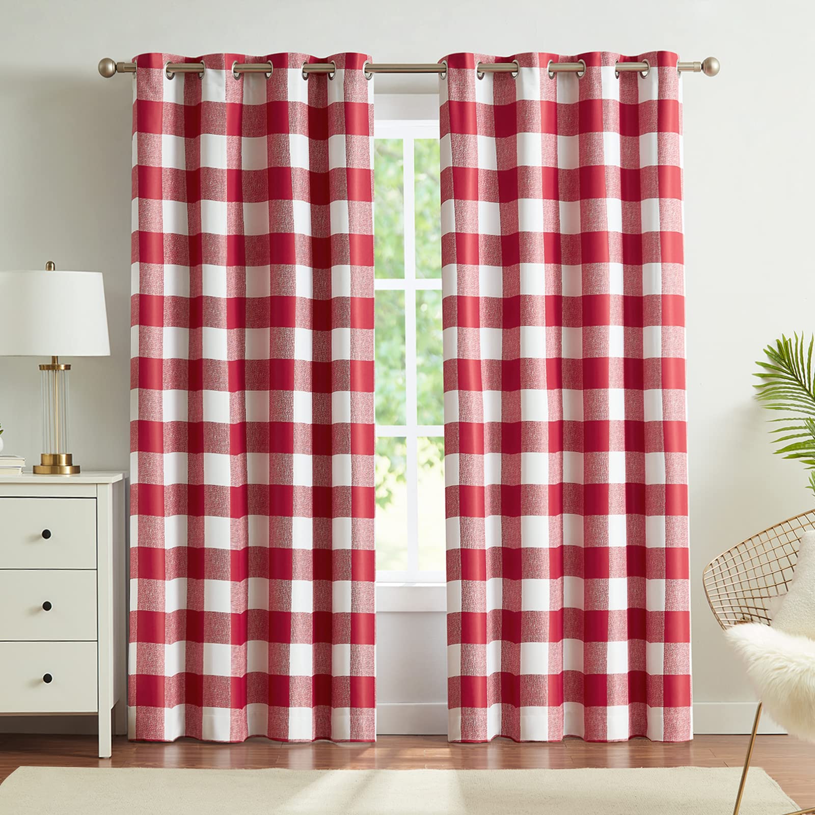Melodieux Buffalo Check Plaid Blackout Curtains 84 Inches Long for Bedroom, Living Room Thermal Insulated Room Darkening Grommet Drapes, Red, 50 x 84 Inch, 2 Panels