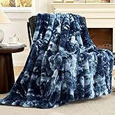 Cozy Bliss Deluxe Striped Rabbit Faux Fur Throw Blanket, Soft Fluffy Warm Plush Blanket for Winter, Modern Homr Decor, Tie-dye Blue 50"x60"