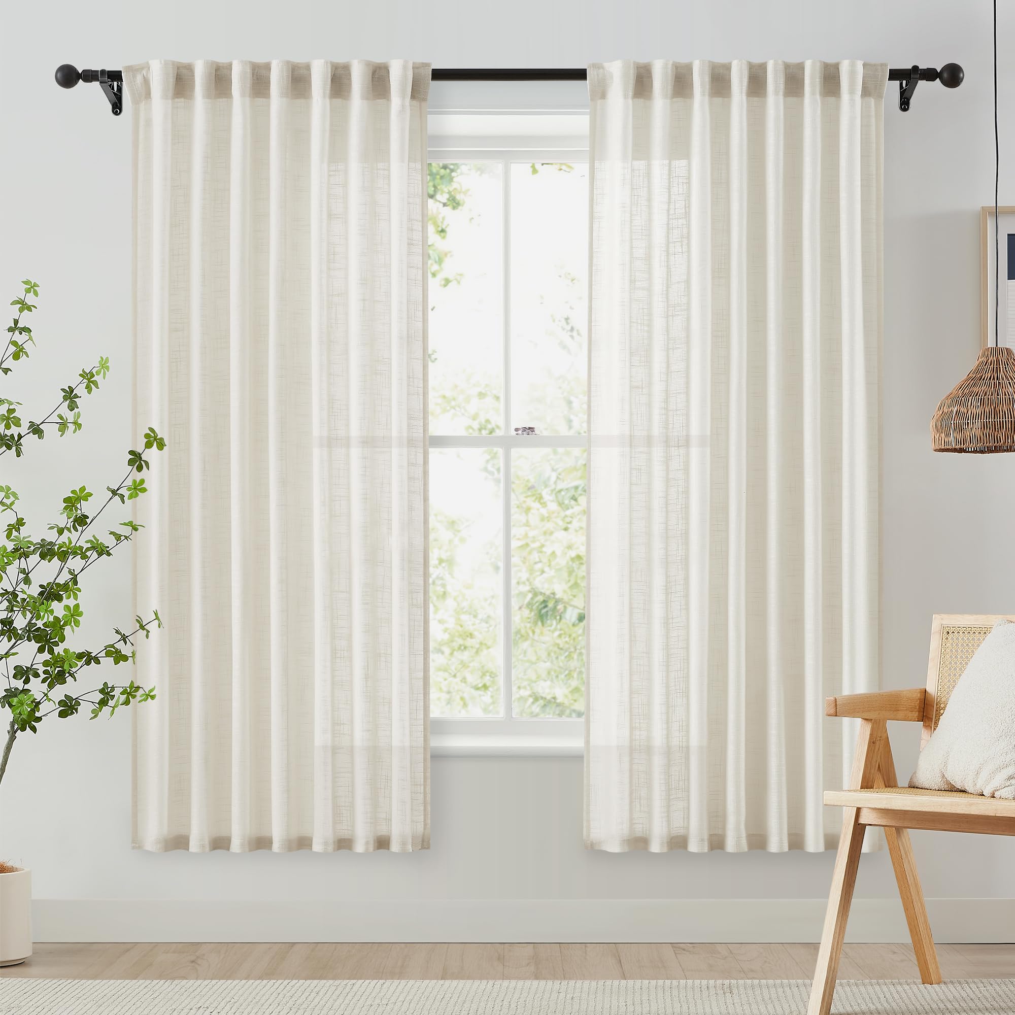 Fmfunctex Beige Rod Pocket Sheer Curtains for Bedroom 72 Drop Linen Textured Back Tab Curtains for Living Room Semi Sheer Light Filtering Window Curtain Drapes for Dining Room 2 Panels