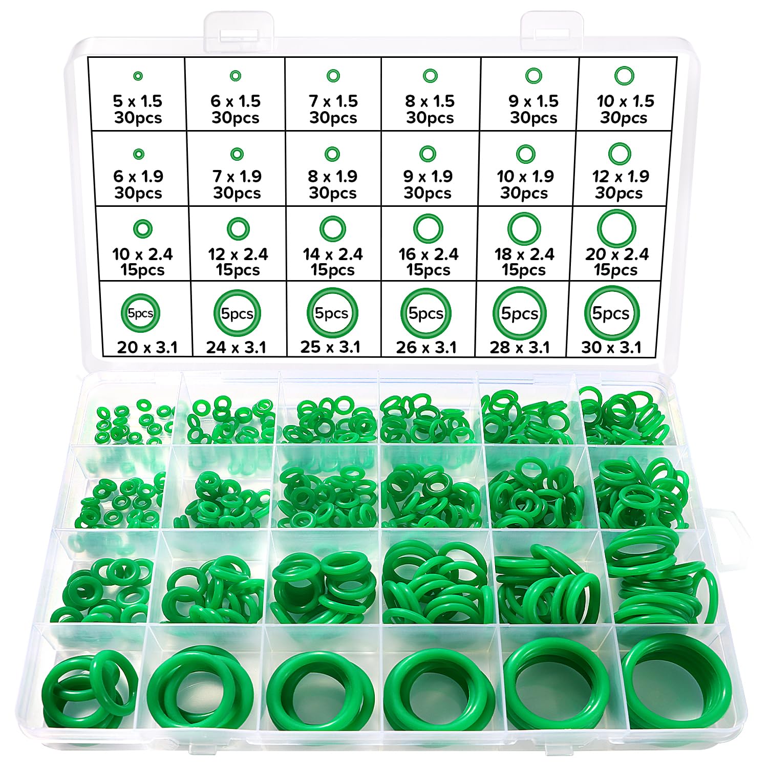 Lyeteung 480 PCS 24 Sizes O-Ring Gasket Kit, Silicone O-Ring Assortment, Sealing Gasket, Plumbing & Auto Repair, Green