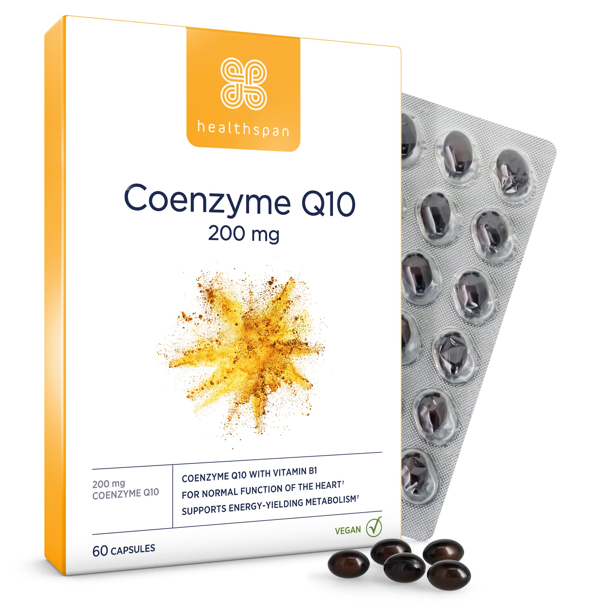 Healthspan Coenzyme Q10 200mg | 60 Capsules | Added Vitamin B1 | Heart Health & Energy Metabolism | Sunflower Oil Base | Vegan