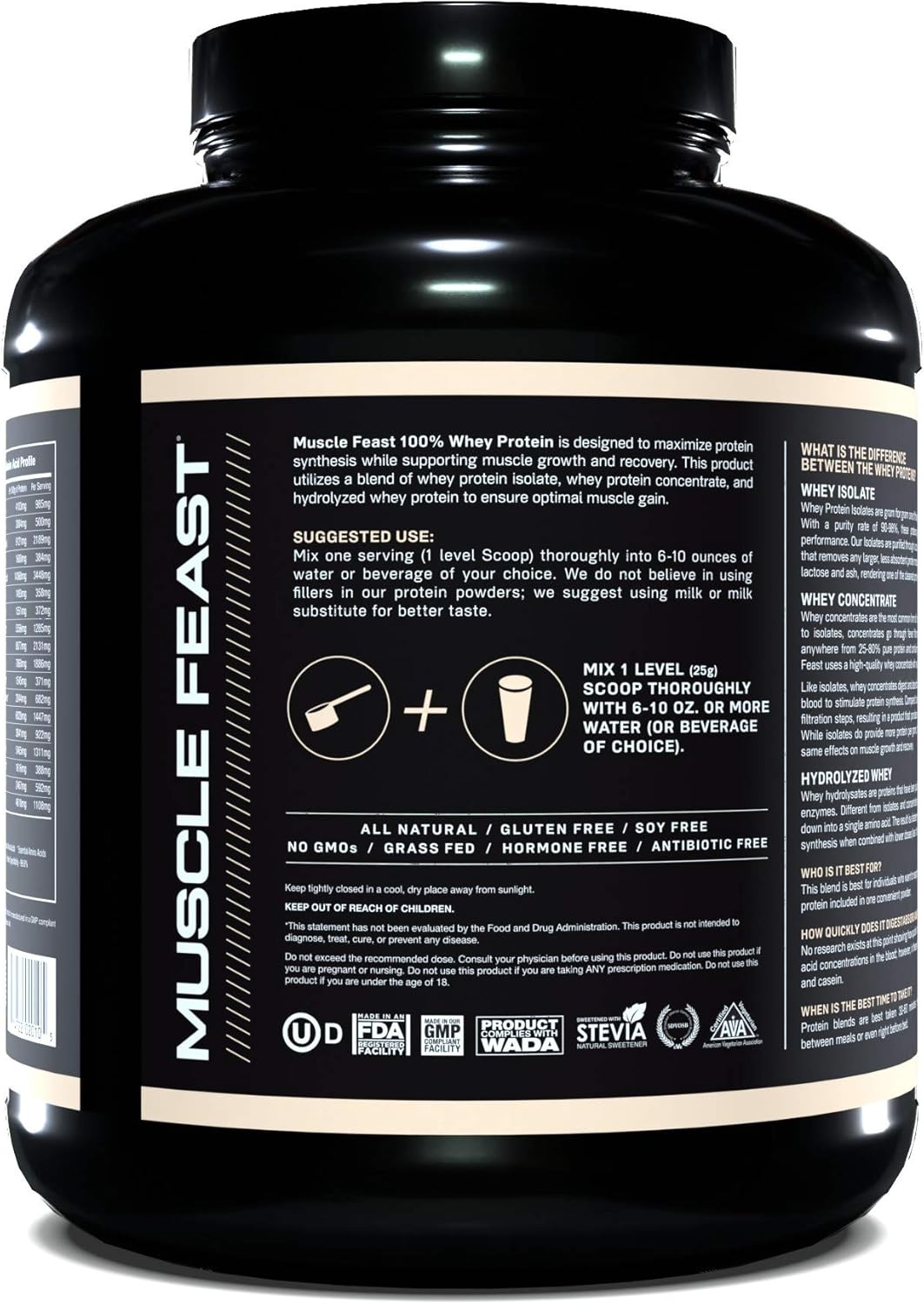Muscle Feast 100% Whey Protein Powder, Grass Fed & Hormone Free, Blend of Concentrate, Isolate, and Hydrolyzed Whey Protein (5lb, Vanilla): Health & Personal Care