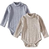 DEFAHN Baby Turtleneck Bodysuit Long Sleeve Boy Girl Ribbed Knit Jumpsuit Outfit 2 Pack Baby Solid Onsies 0-24 Months