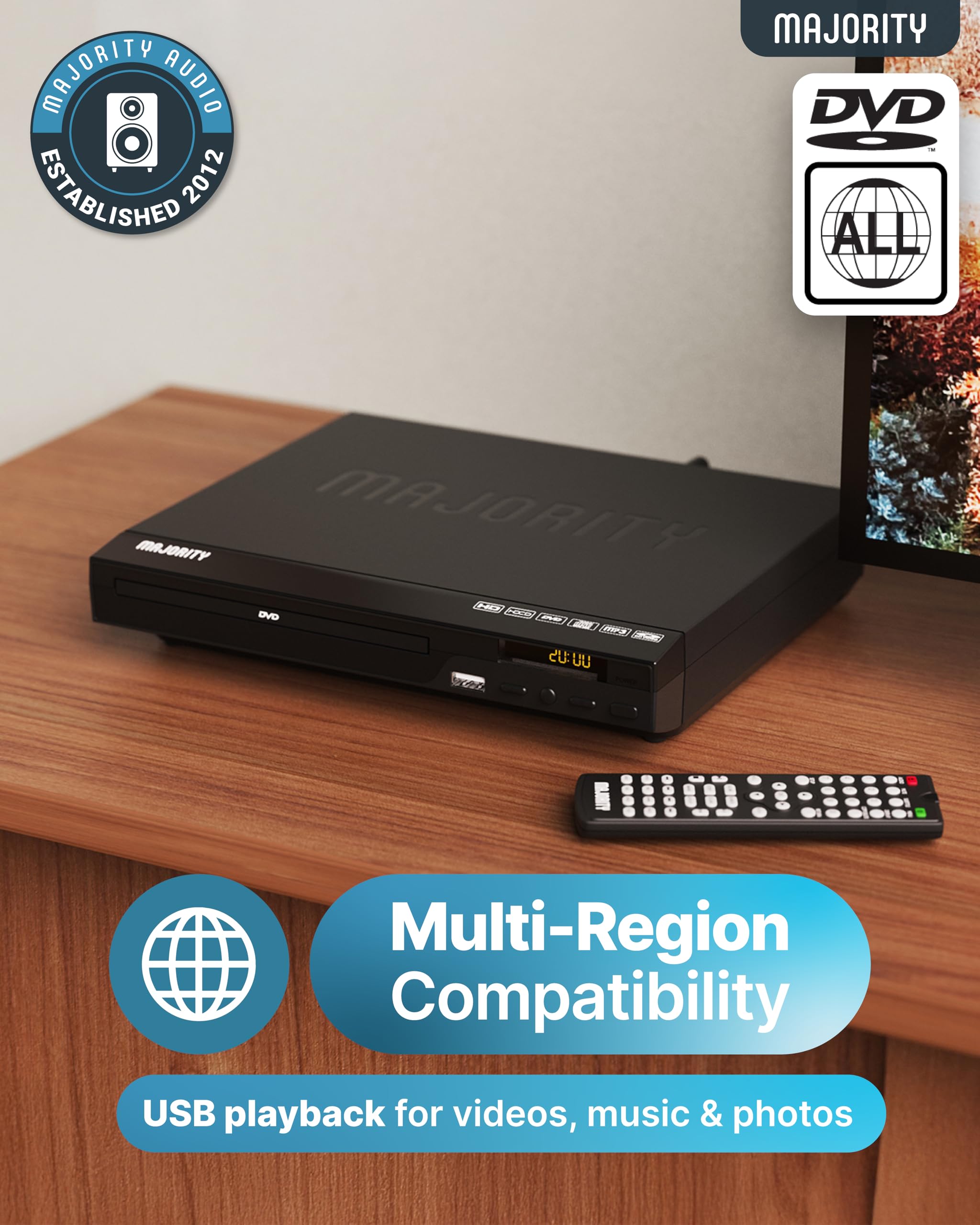 2025 Model HDMI DVD Player for TV | 1080P Region Free DVD-Players for Smart TV | Mini DVD Player with USB, CD & MP3 | HDMI Cable, RCA Cable & Remoted Control | MAJORITY DVD