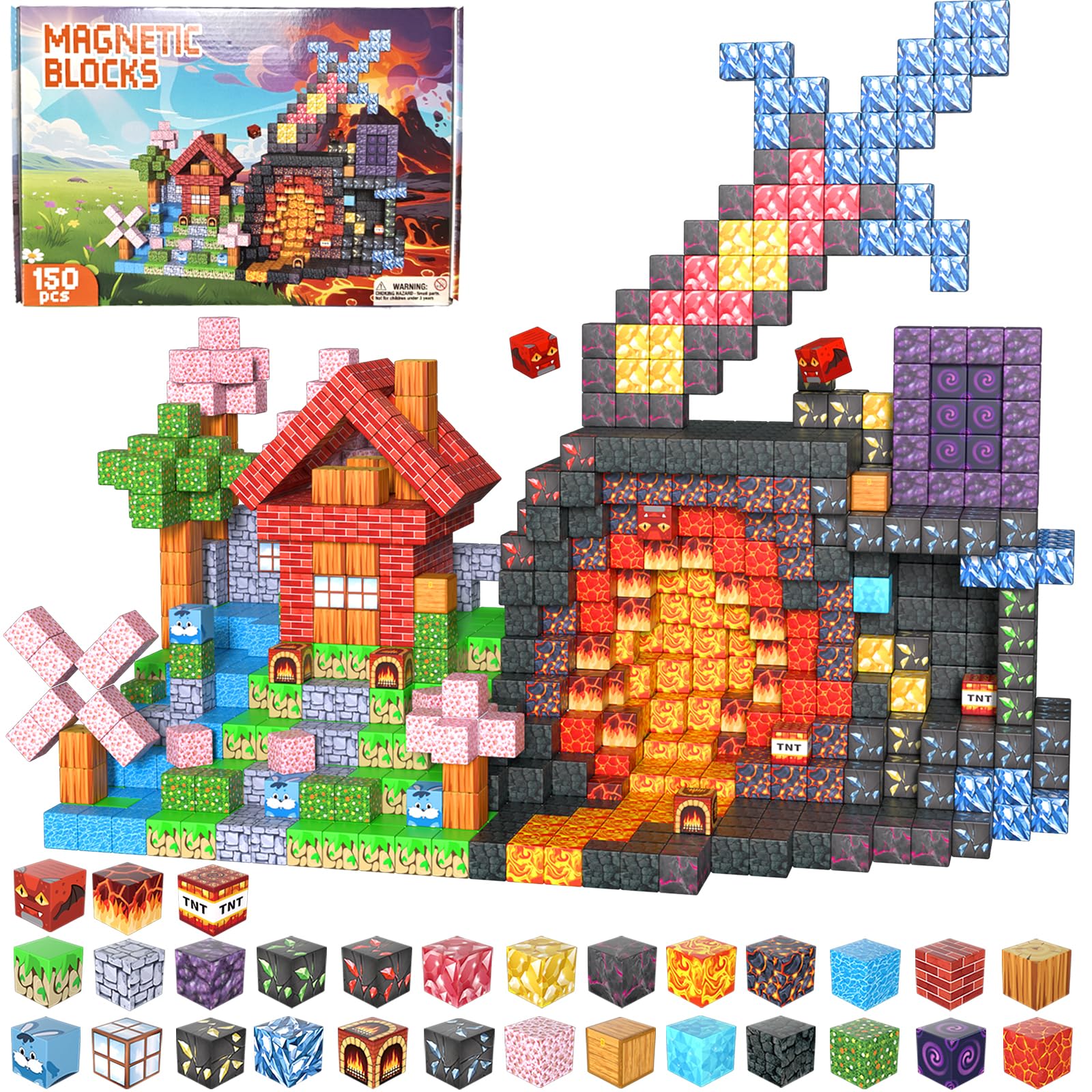 EMANNON Magnetic Blocks - 150 PCS Magnetic Building Blocks, Magnet Cubes Tiles Stacking Toys, STEM Montessori Sensory Toy for Boys & Girls Age 3-4, 5 6 7 8 9 10