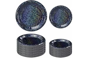 FALIZIFU 50 Pcs Iridescent Black Paper Plates 25 × 7'' and 25 × 9'' Disposable Black Shiny Holographic Foil Dinner Plates for Wedding Baby Shower Birthday Halloween Party Glitter Dessert Plate