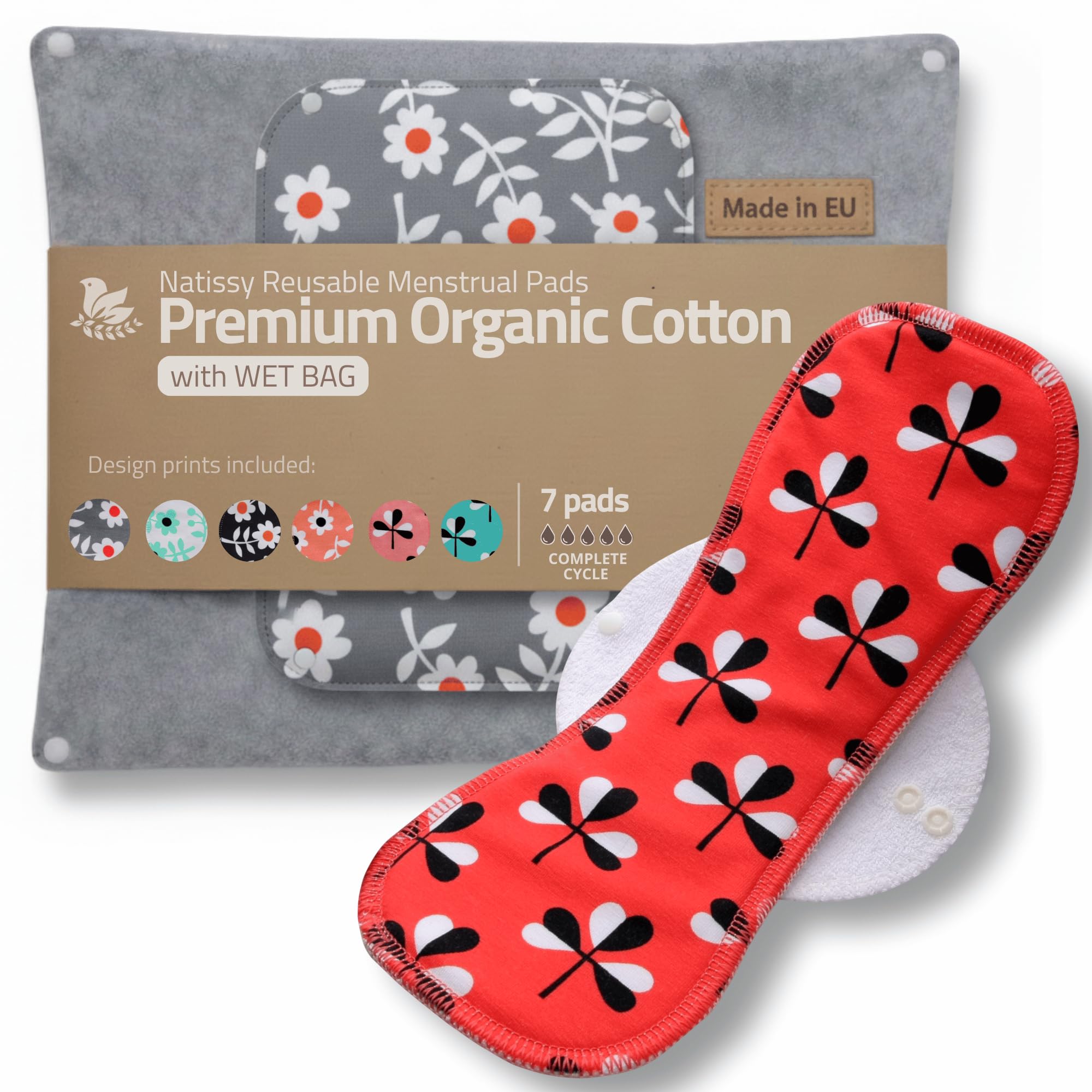Made in EU – Reusable Sanitary Pads for Light to Heavy Flow - 7 Pack (S, M, L & XL) – High-Temp Washable Cloth Period Pads for Women – Ultra Soft Organic Cotton & Secure Fit for Menstrual Comfort