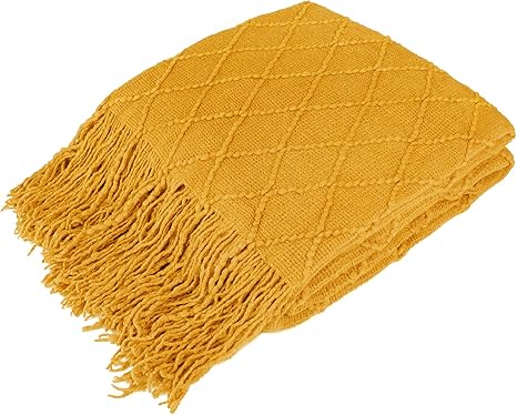 Pavilia Knitted Throw Blanket Fringe Mustard Yellow Gold Decorative Tassel Boho Farmhouse Decor Couch Bed Sofa Spring Outdoor Aesthetic Textured Afghan Soft Lightweight Cozy Acrylic 60x80 Twin Amazon Ca Home