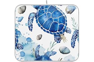 Watercolor Turtle Blue Dish Drying Mats Flower Artistic Absorbent Dry Mat Pad Counter Kitchen Dry Mat, 18" x 24"