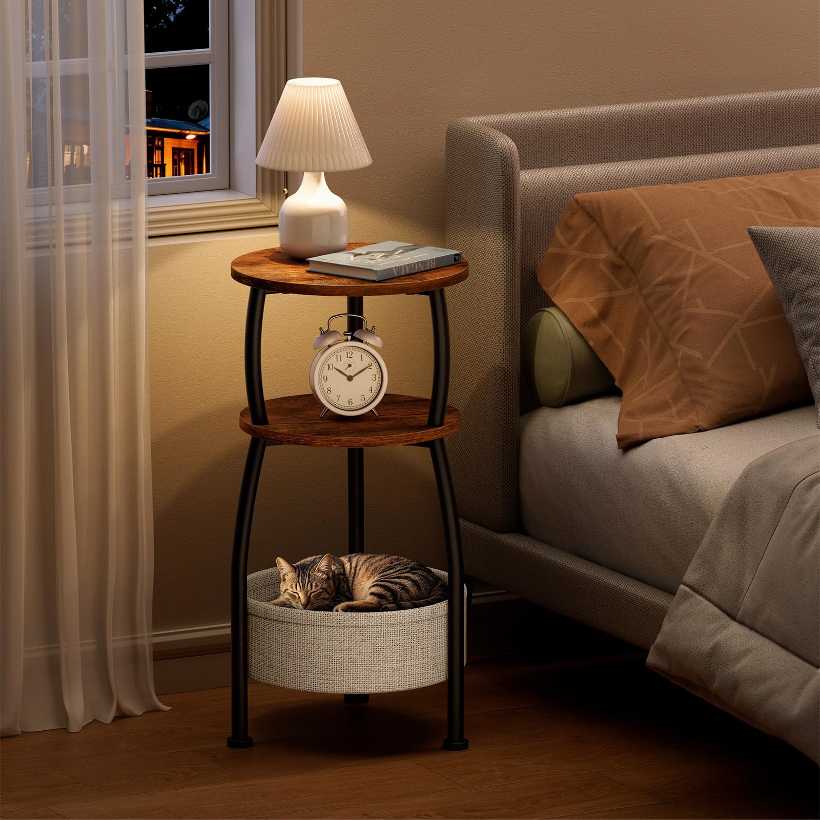 Yuede Round Side Table for Small Spaces with Storage Basket –Small End Table 3-Tier Night Stand Sofa Corner Table for Living Room, Bedroom, Patio and More 24in Tall Rustic Brown