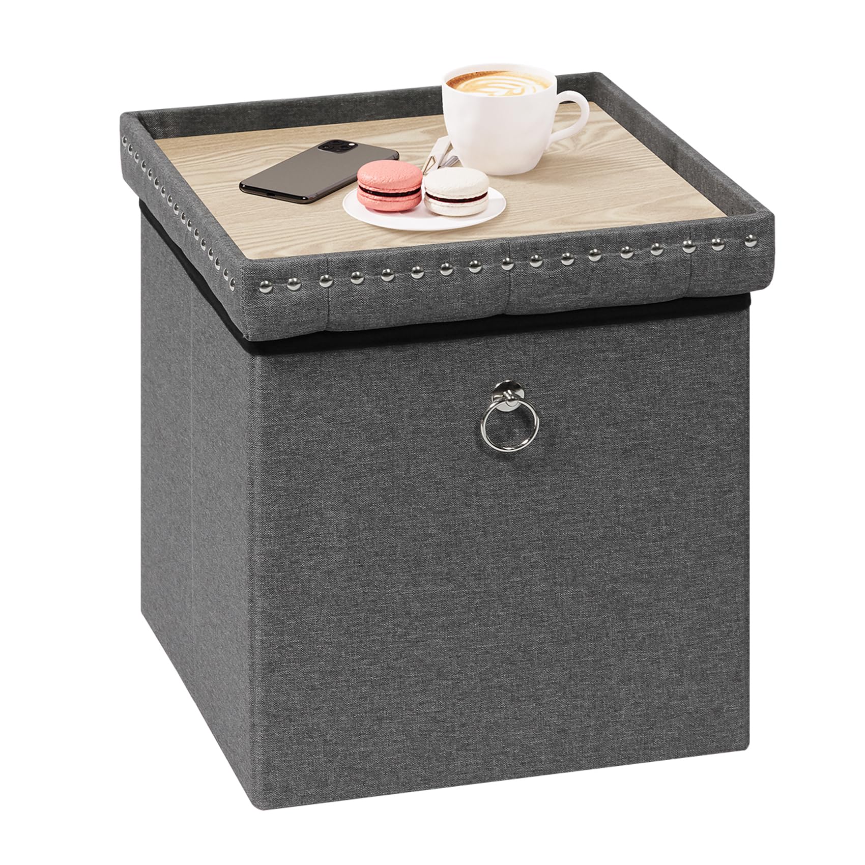 Bonlife Folding Ottoman Storage Cube,Toy Chest Box with Lid,Coffee Table with Tray,Footstool Seat for Living Room,Grey,Linen,40X40X40CM