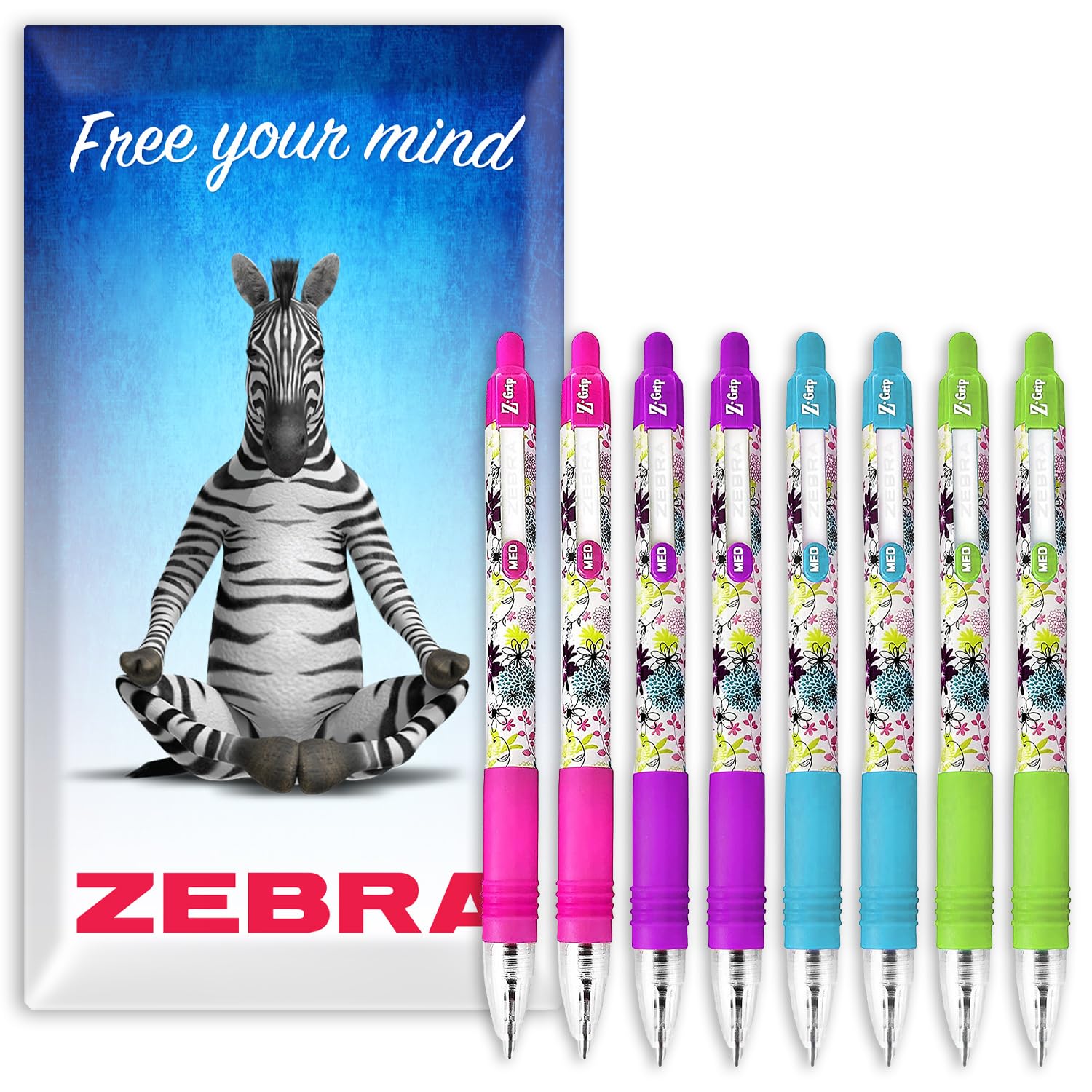 Zebra Z-Grip Funky Brights Retractable Ballpoint Pen - Pink, Violet, Light Blue & Light Green Barrels - Coloured Ink - Pack of 8 - In Envelope Gift Packaging