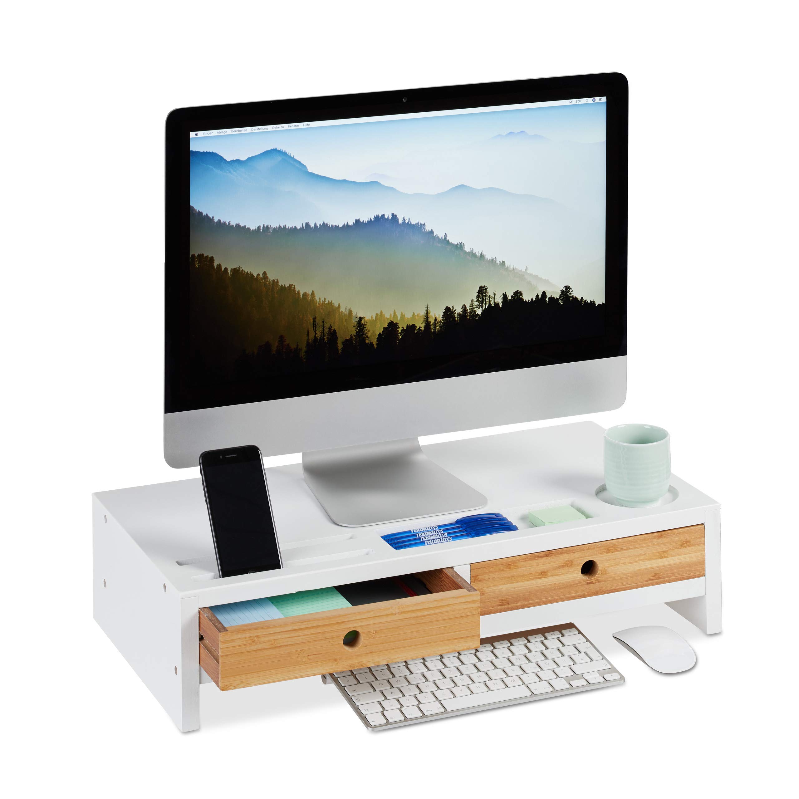 Relaxdays Bamboo PC Monitor Stand, Screen Riser with 2 Drawers & Compartments, Computer Workstation HWD 14 x 60 x 30 cm, White/Natural