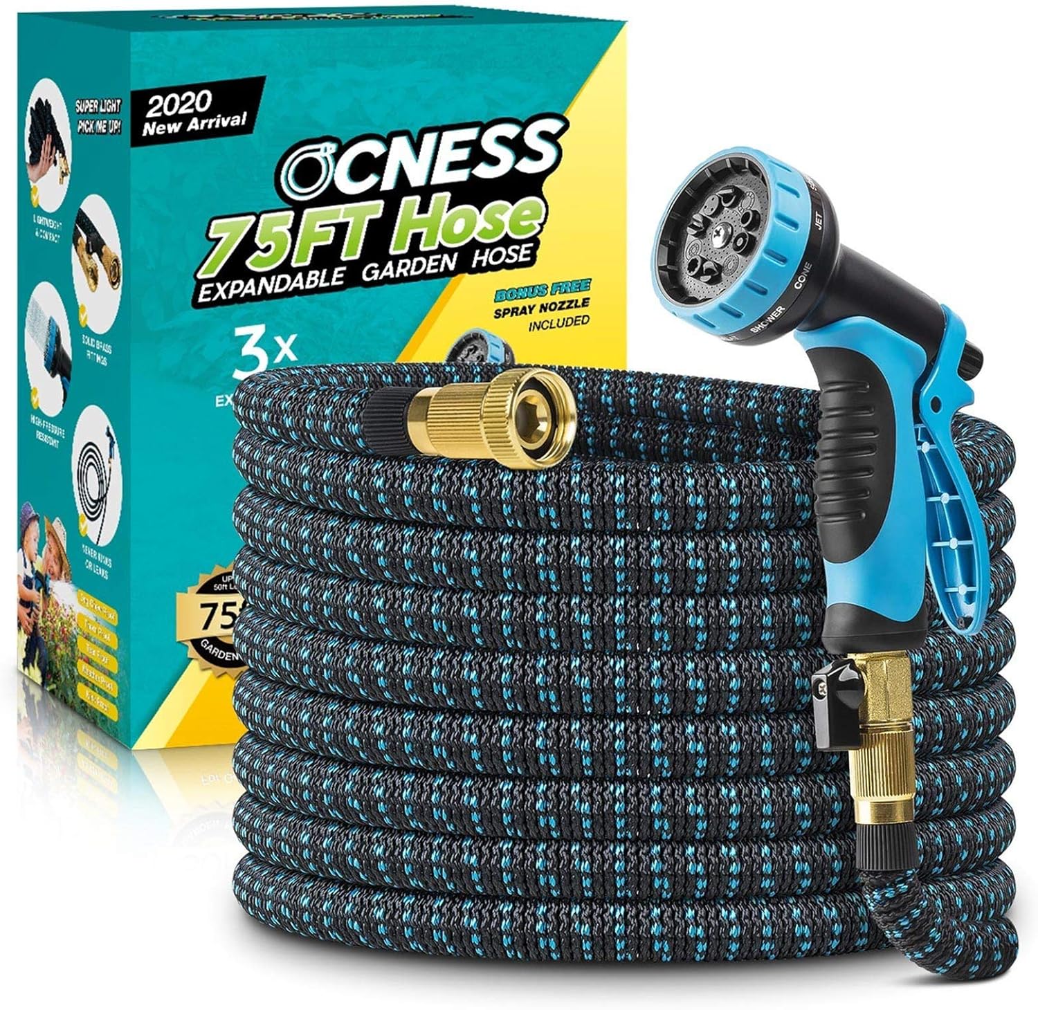 OCNESS Expandable Garden Hose, 75ft Lightweight Flexible Water Hose with 9 Function Spray Nozzle, 3/4" Solid Brass Fittings, Double Latex Core, Durable Fabric, Expanding Hose for Lawn Car Pet Washing : Garden & Outdoor