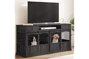Homiflex 70.86" Double Dog Crate Furniture with Storage for 2 Medium Large Dogs Farmhouse Wooden Dog Kennel Furniture with 2 Sliding Doors Divider & Power Outlet Decorative Dog Cage TV Stand Dark Grey