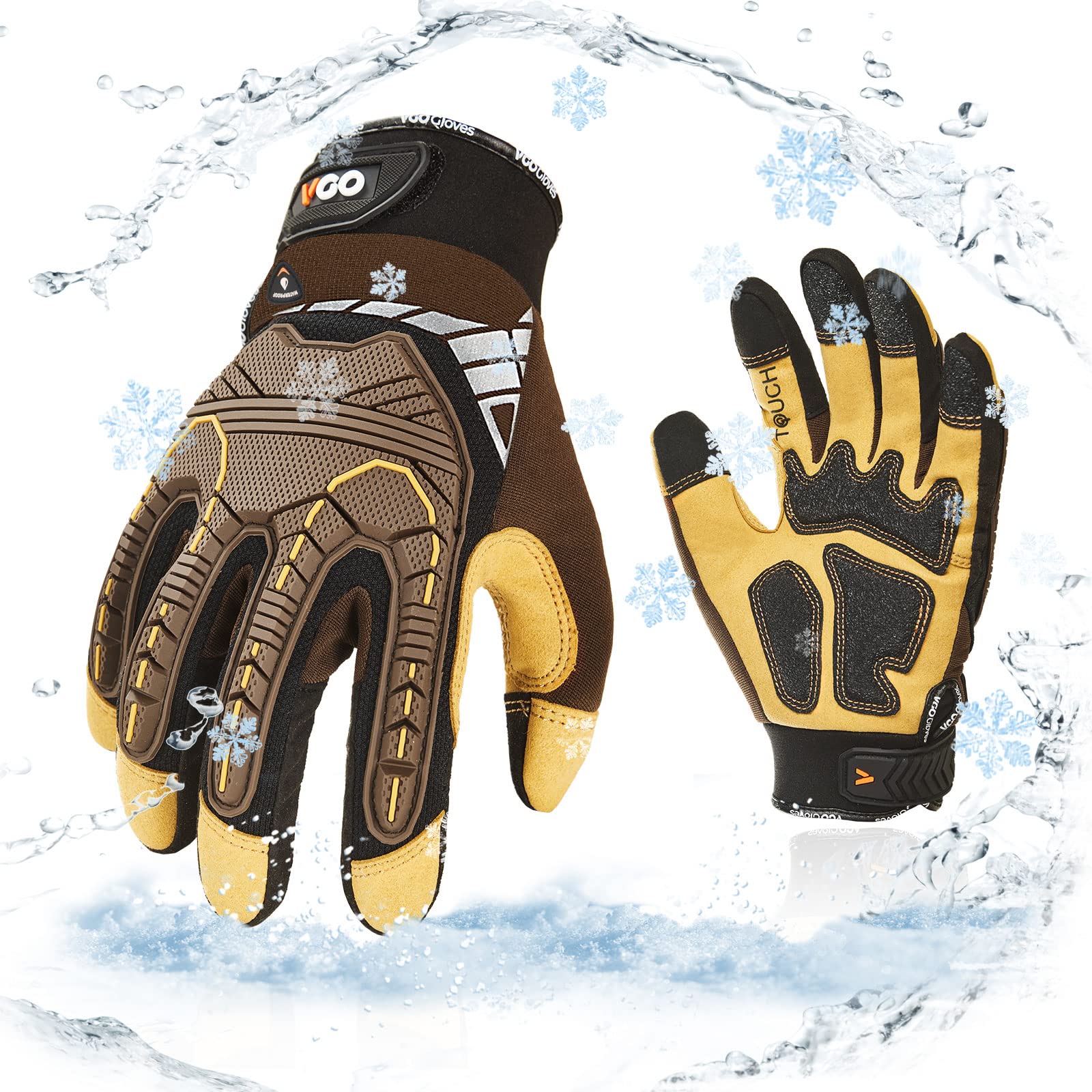 Vgo... Cold Weather Waterproof Heavy Duty Safety Work Gloves, 32°F/0°CWinter Mechanic Gloves,w/3M Thinsulate Lining,Impact & Vibration Reduction(SL8849FLWP, Brown, L, 1Pair) (SL8849FLWPP1) — image 1