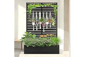 TUYOHW Metal Planter Box with Trellis Raised Garden Bed with Trellis 71"x47"x16", Trellis with Planter Box & Privacy Screen, Metal Planter Box for Climbing Plants, Vegetable, Vines(Black, Louvered)
