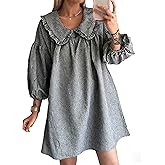 Ynhonra 2026 Women's Babydoll 3/4 Puff Sleeve Plaid Mini Dress Lapel Doll Collar Loose Y2k Dress