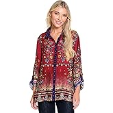john mark womens Printed Button Front Tunic With Roll Tab Sleeves