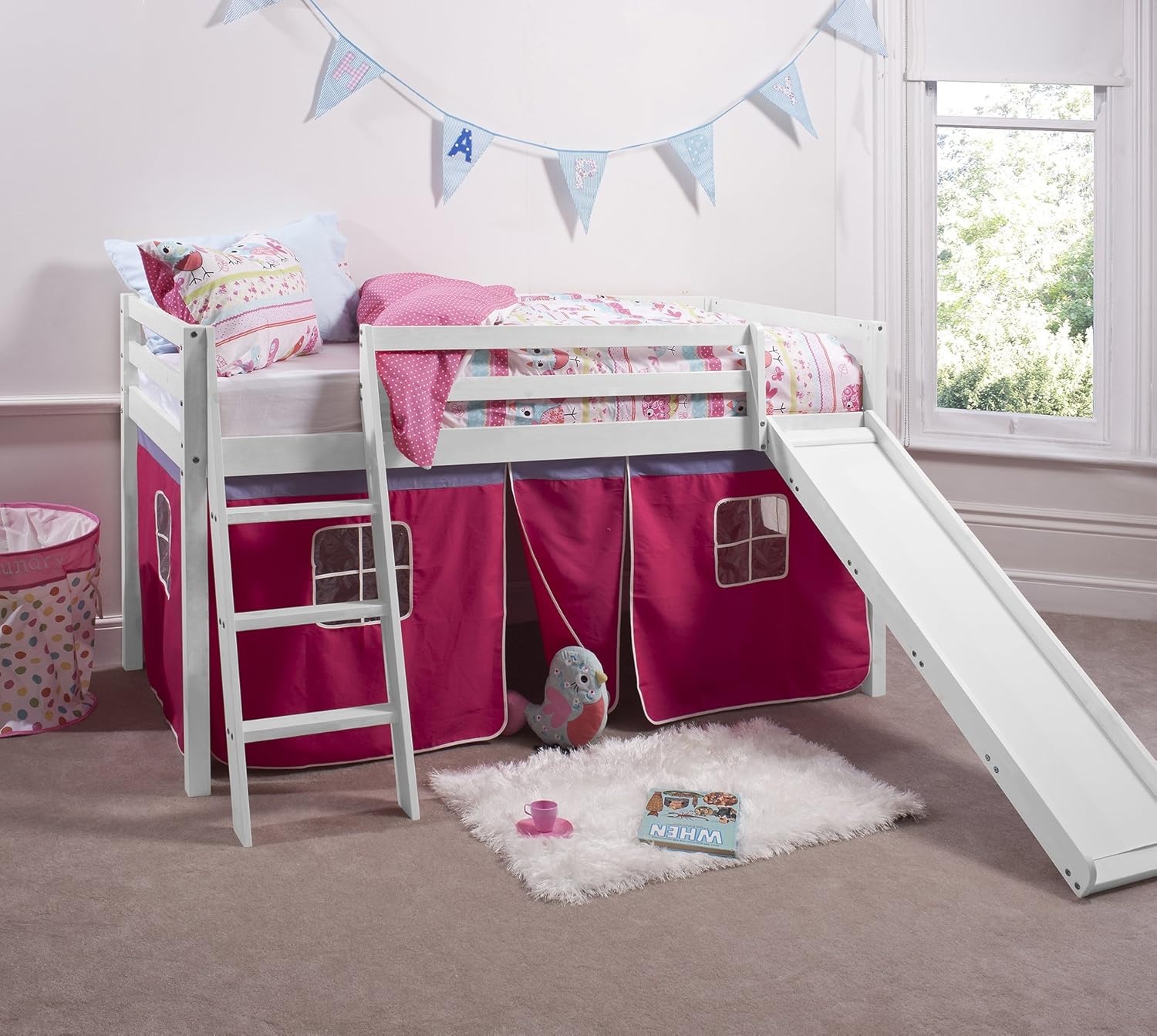 Noa And Nani Midsleeper Cabin Bed With Slide And Pink Tent