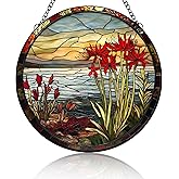 Floral Stained Glass Suncatcher Red Spider Lilies Handmade Window Hangings Colored Glass Suncatcher Crafts Kits for Indoor Garden Christmas Home Decor Gift for Flower Lover Memorial 6.3in (2)