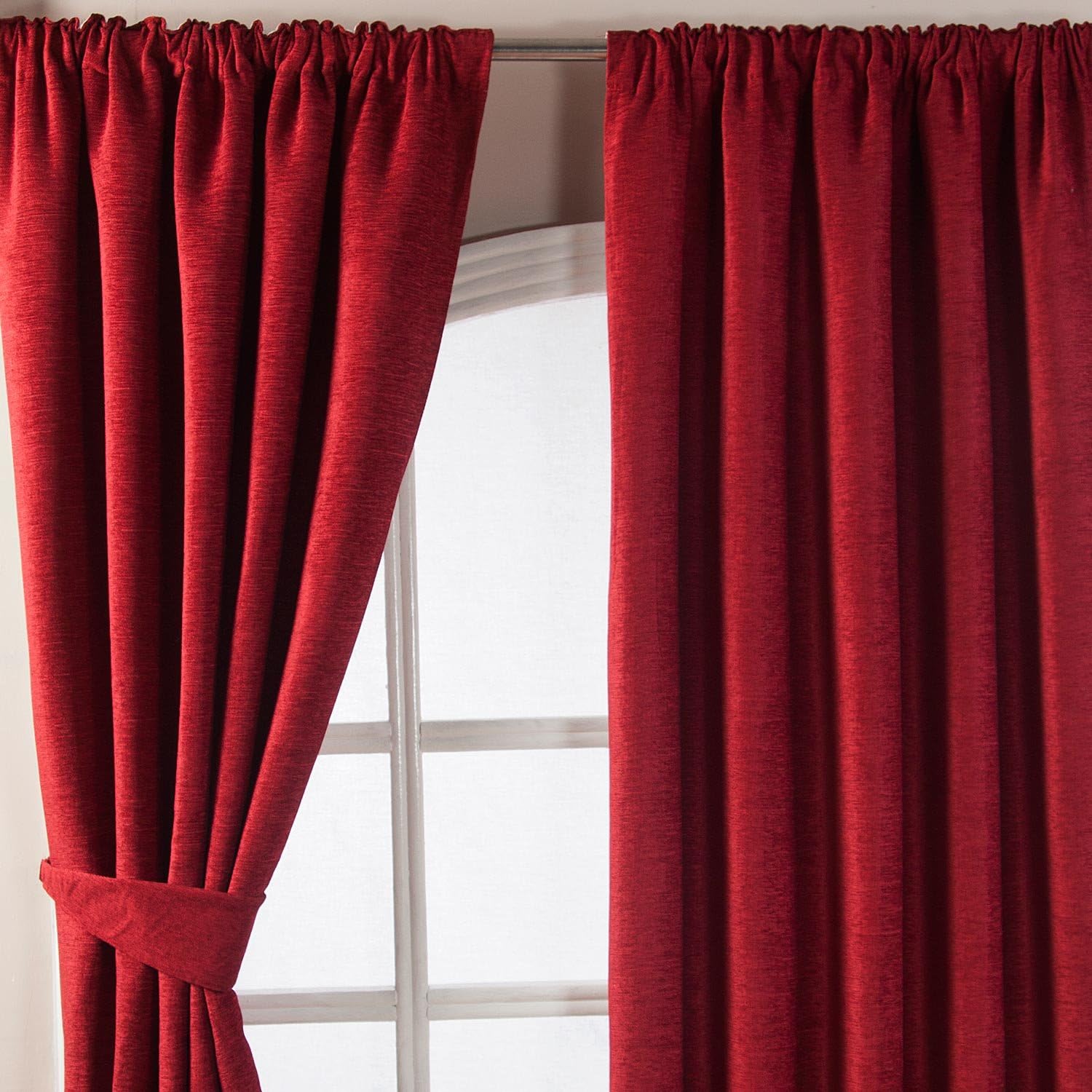 HOMESCAPES Wine Red Chenille Pencil Pleat Lined Curtain Pair 167 cm (66