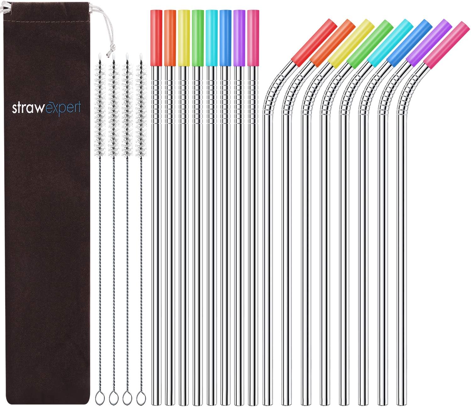 StrawExpert Reusable Stainless Steel Metal Straws for Drinks Long Drinking Straw Fit 30 oz 20 oz Tumbler with Silicone Tips,Case,Cleaning Brush Dishwasher Safe (10.5 inches,8 Straight+8 Bent)