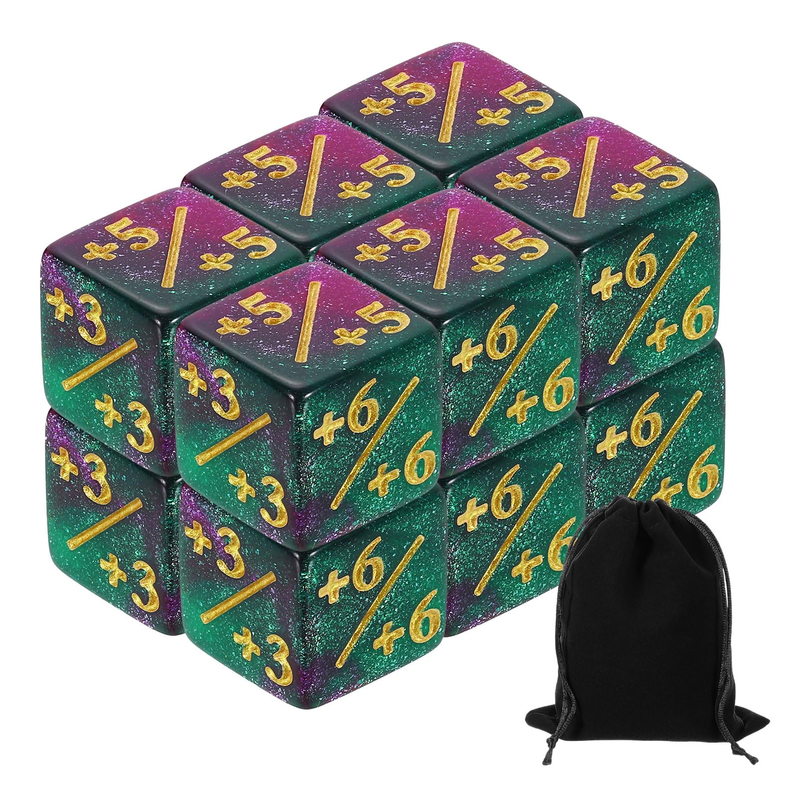 sourcing map 12Pcs Magic Dice Counters, Acrylic D6 Life Token Dice Set with Pouch for Standard Cards Gaming Accessories, Green & Purple