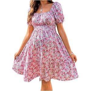 MakeMeChic Women's Maternity Dress Floral Square Neck Puff Sleeve Flowy Pregnancy Summer Dresses