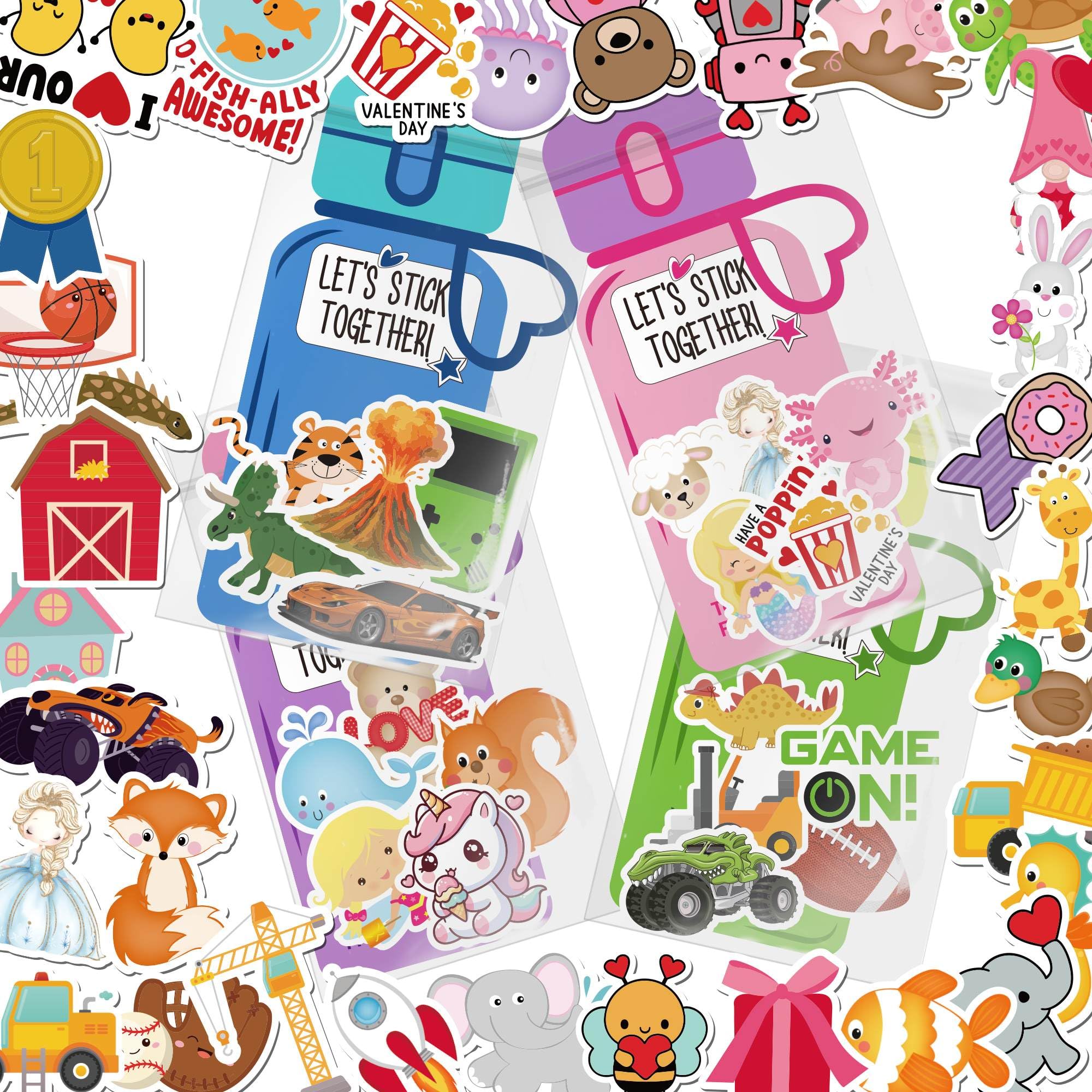 Photo 1 of Valentines Day Cards for Kids School - 48 Pack Valentines Day Water Bottle Cards with 240 Pcs Bulk Valentine Stickers for Kids Classroom Exchange Party Favors, Class Valentine Gifts for Boys and Girls