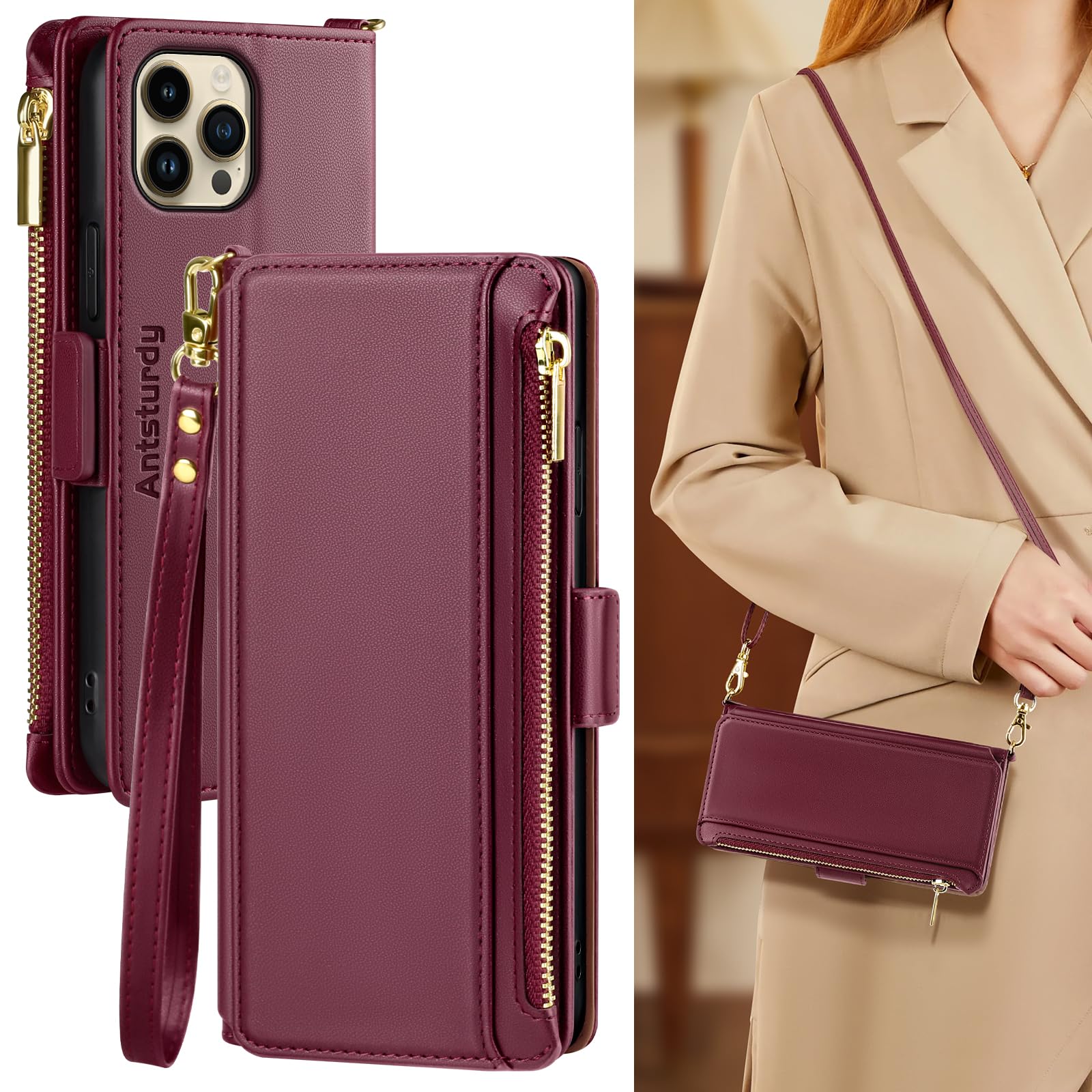 Antsturdy Compatible with iPhone 12 Wallet Case for Women【RFID Blocking】 Crossbody Phone Case PU Leather Zipper with Wrist Strap Flip Cover Credit Card Holder,for Apple 12 Pro 6.1",Wine Red
