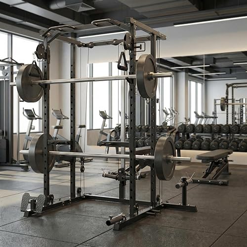 GAOMON 2000LBS Steel Frame Power Cage – Heavy-Duty Squat Rack with Dual Pulley Cable Crossover, Home Gym Strength Training Equipment