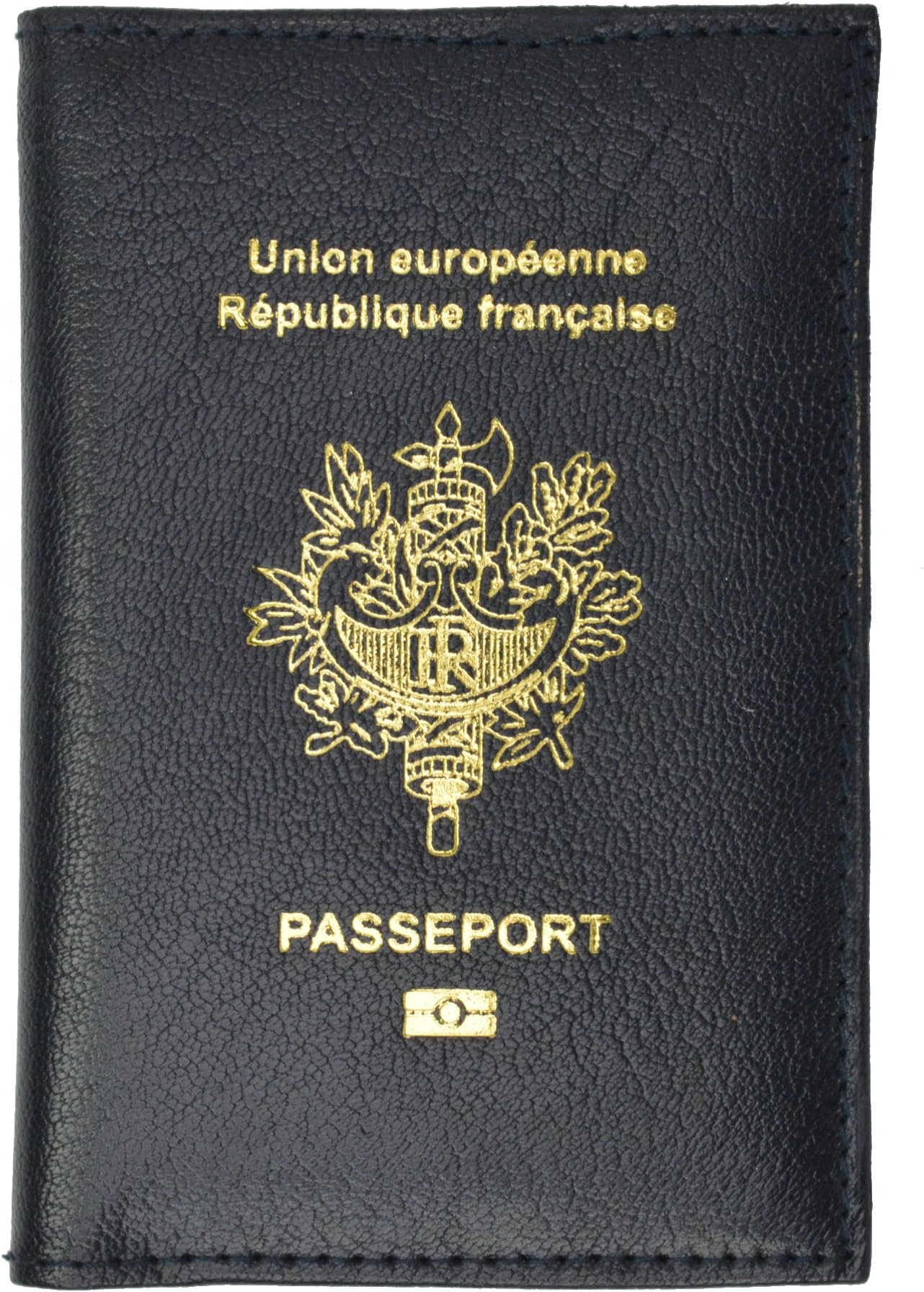 France Passport Cover Genuine Leather Passport Holder Travel Wallet REPUBLIQUE FRANCAISE (Blue)