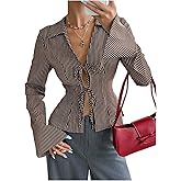 SweatyRocks Women's Striped Tie Front V Neck Blouse Bell Sleeve Collared Fitted Shirt Going Out Tops