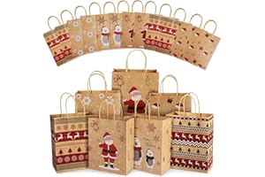 GKGG Christmas Gift Bags, 24 PCS Reusable Christmas Treat Bags, Paper Gift Bags with Handles & Christmas Prints, Christmas Bags for Gifts Holiday Gift Bags Xmas Gift Bags Party Favors, 7.08x3.5x8.85 Inch