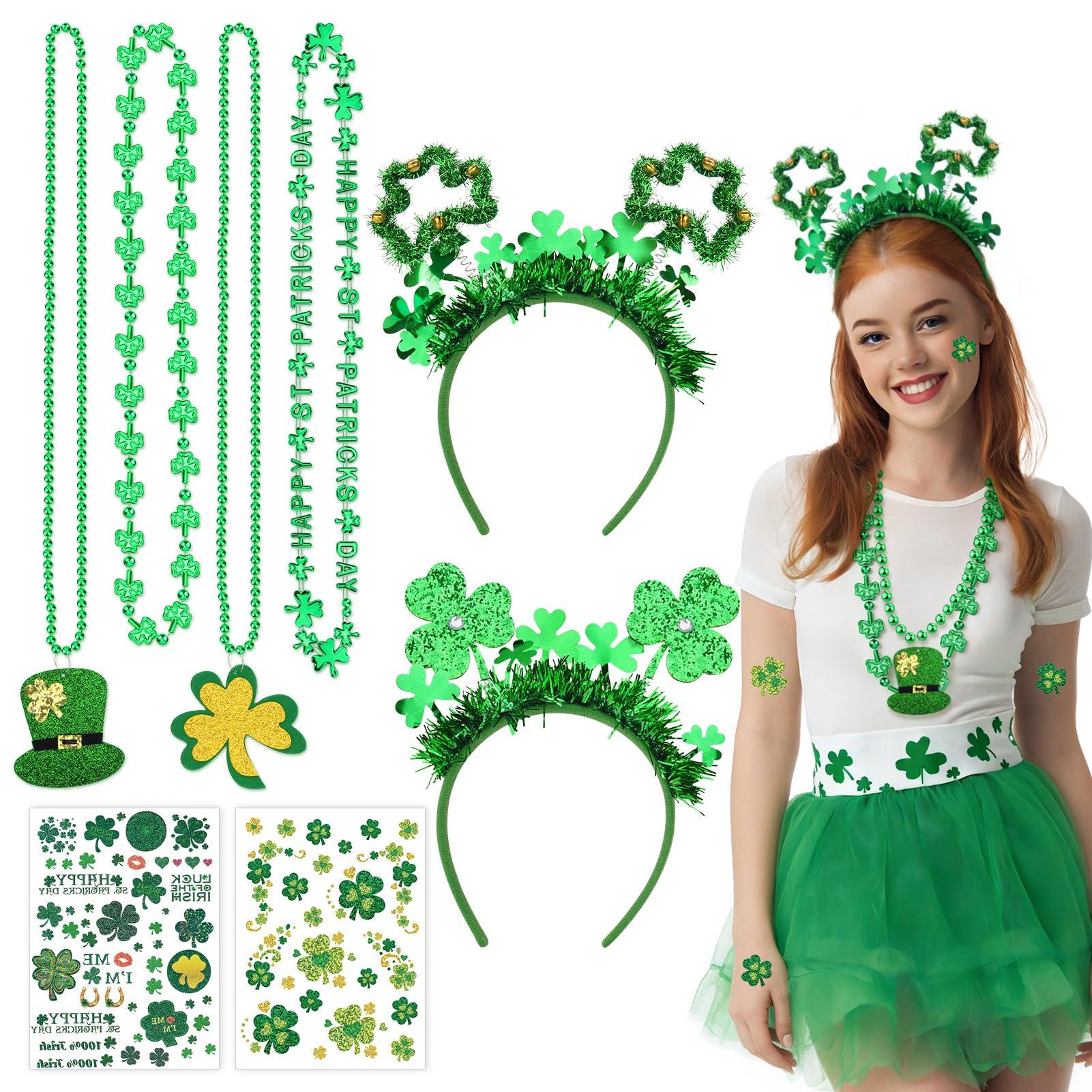 Catephe 8 Pcs St. Patrick's Day Accessories Set with 2 Headband + 4 Necklaces + 2 Sheets Clover Tattoos, Novelty Shamrock Accessories for Irish Celebration Costume Accessory