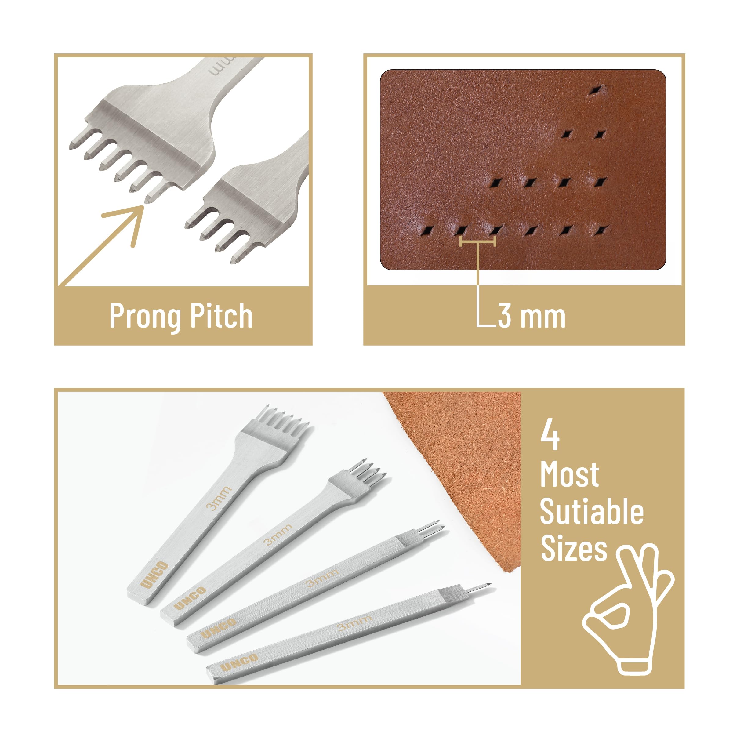 UNCO- Leather Stitching Punch, 4 Pack, 3mm, 1/2/4/6 Prong, Leather Hole Punch Tool, Stitching Chisel