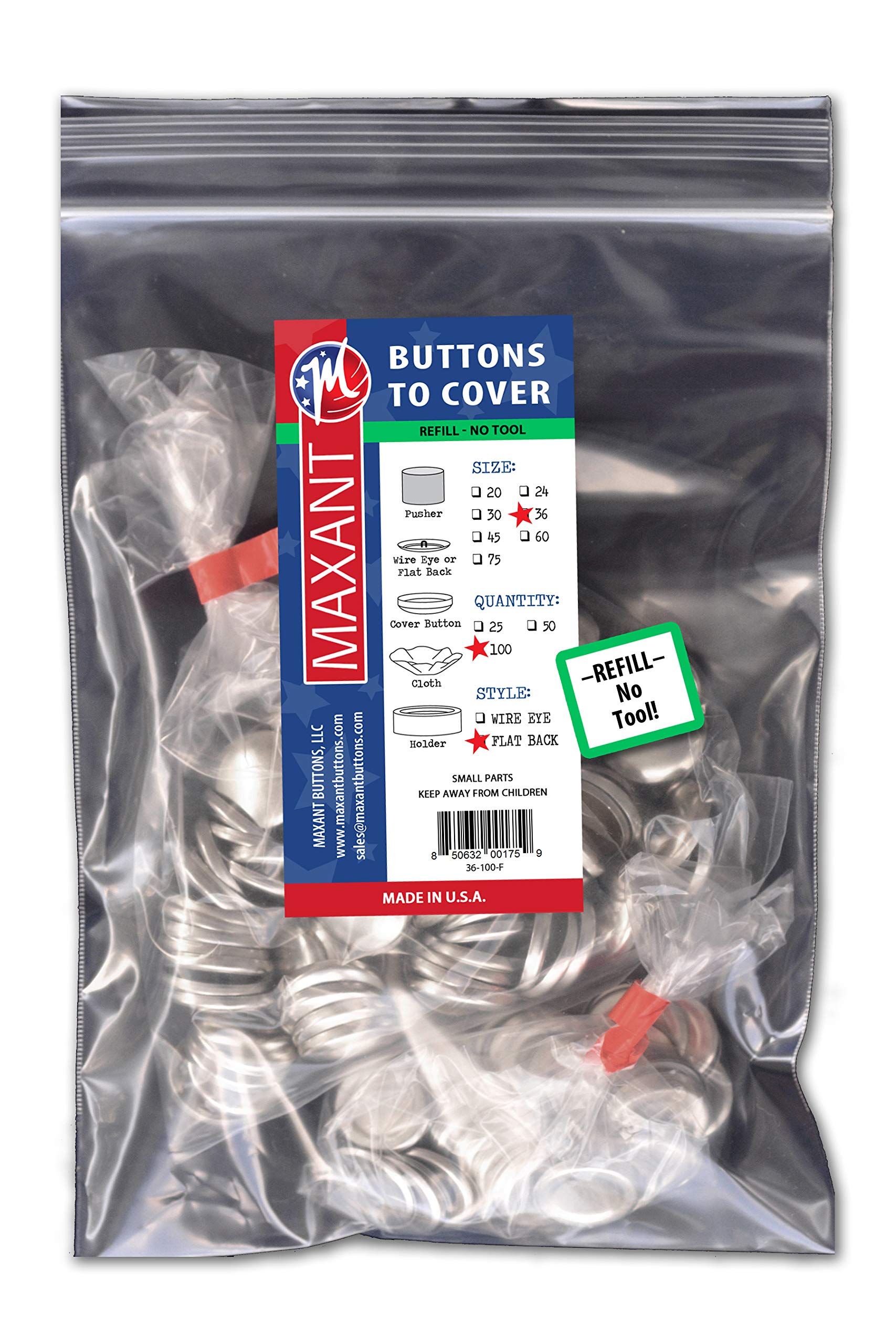 100 Buttons to Cover - Made in USA - Cover Buttons with Flat Backs Size 36 (7/8")(NO Wire)