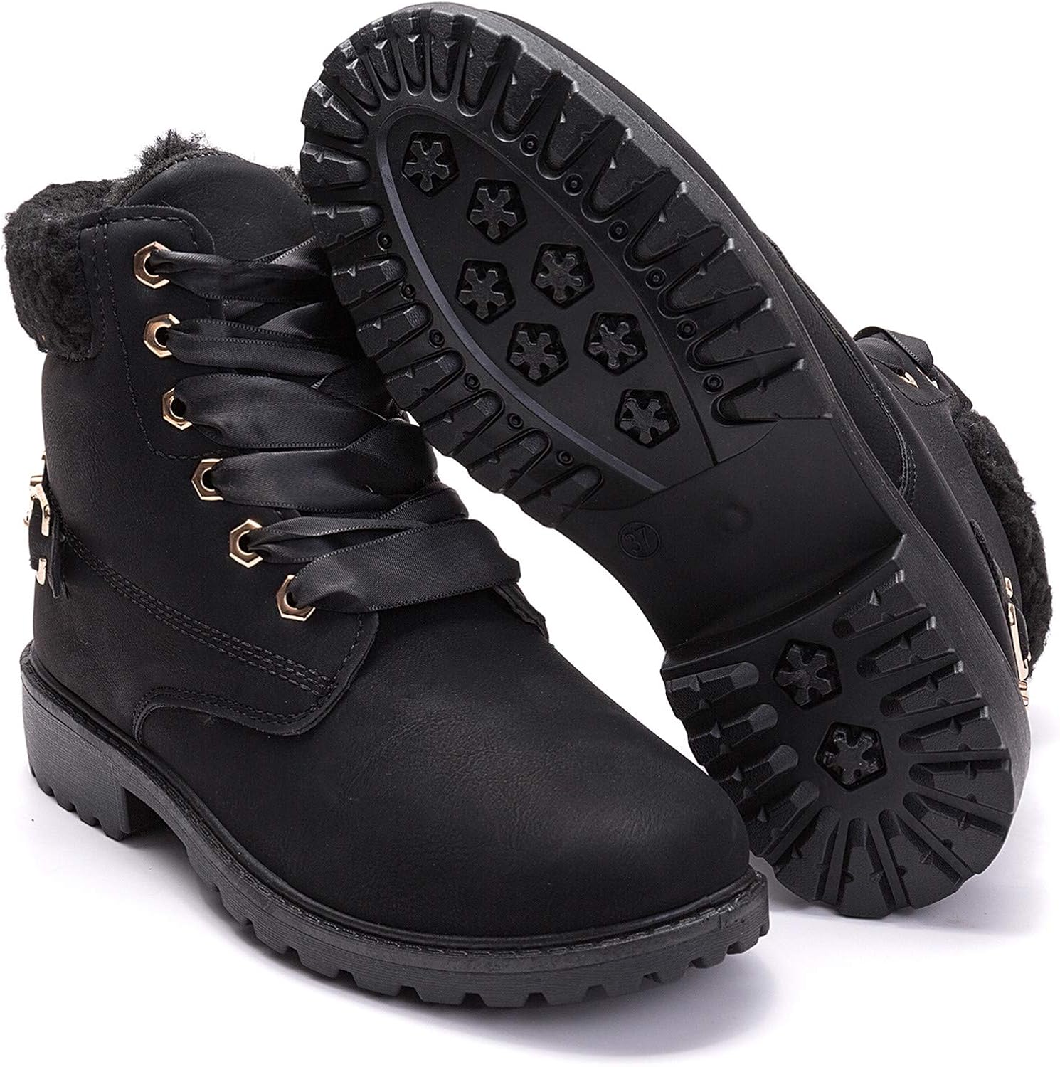  | DADAWEN Women's Round Toe Waterproof Outdoor Lace up Work Combat Ankle Bootie Fur Lined Warm Winter Snow Boots | Snow Boots