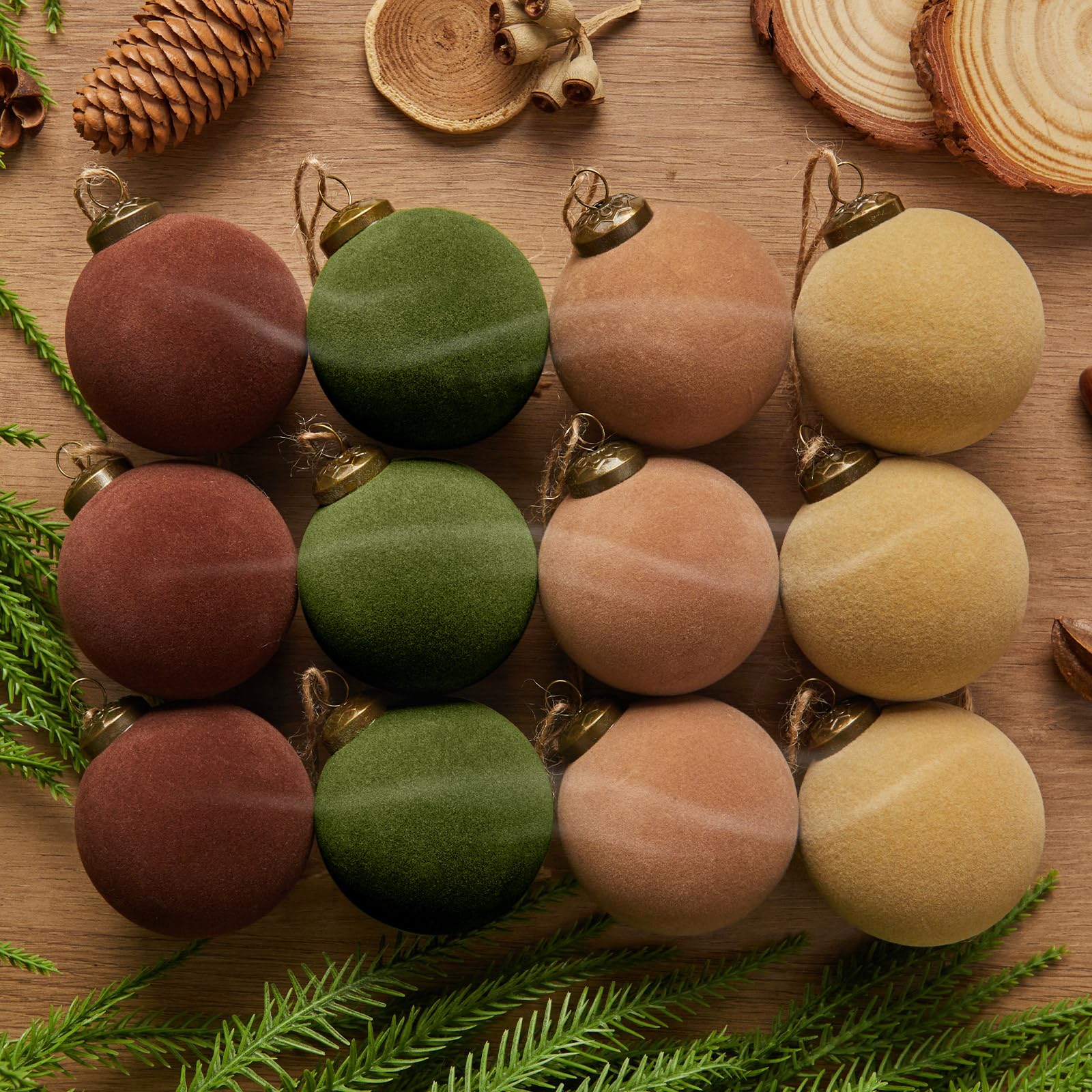 Photo 1 of 12PCS Light Scented Velvet Christmas Balls Ornament Shatterproof Velvet Xmas Tree Baubles Hanging Pendant for Winter Party Holiday Home Gift Office Yard Decor(Brown, Green, Coffee, Beige,2.36'')