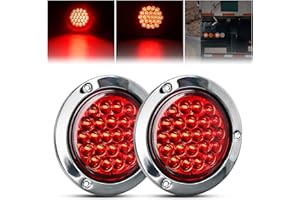 GOOACC 4Inch Round Tail Light 2PCS Red 24LED w/Stainless Steel Chrome Bezel Waterproof Stop Brake Turn Signals Lights for Tru