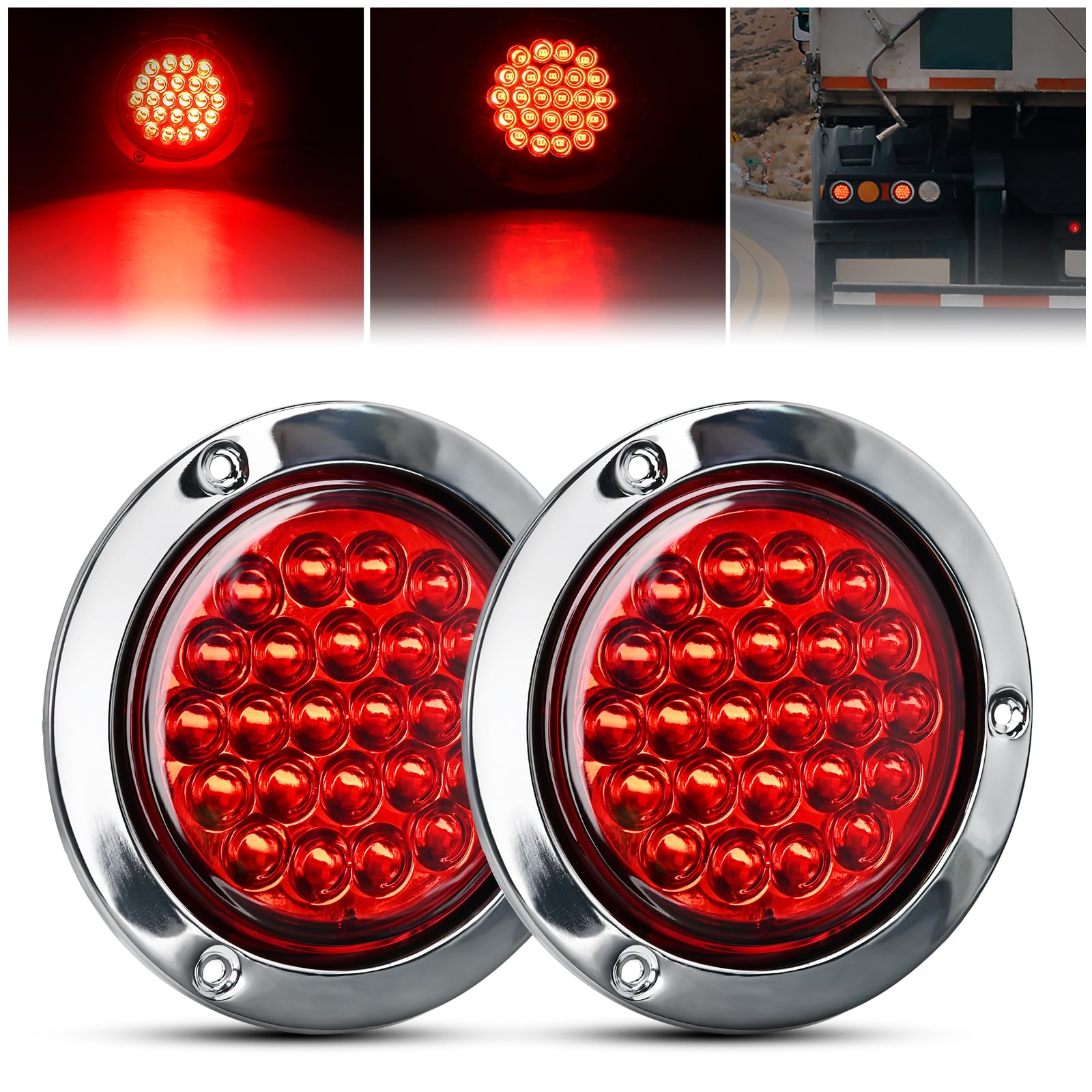 GOOACC 4Inch Round Tail Light 2PCS Red 24LED w/Stainless Steel Chrome ...