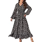 MISSKY Casual V Neck Boho Floral Print Wedding Guest Maxi Dresses for Women Bohemian Flowy Maxi Dress