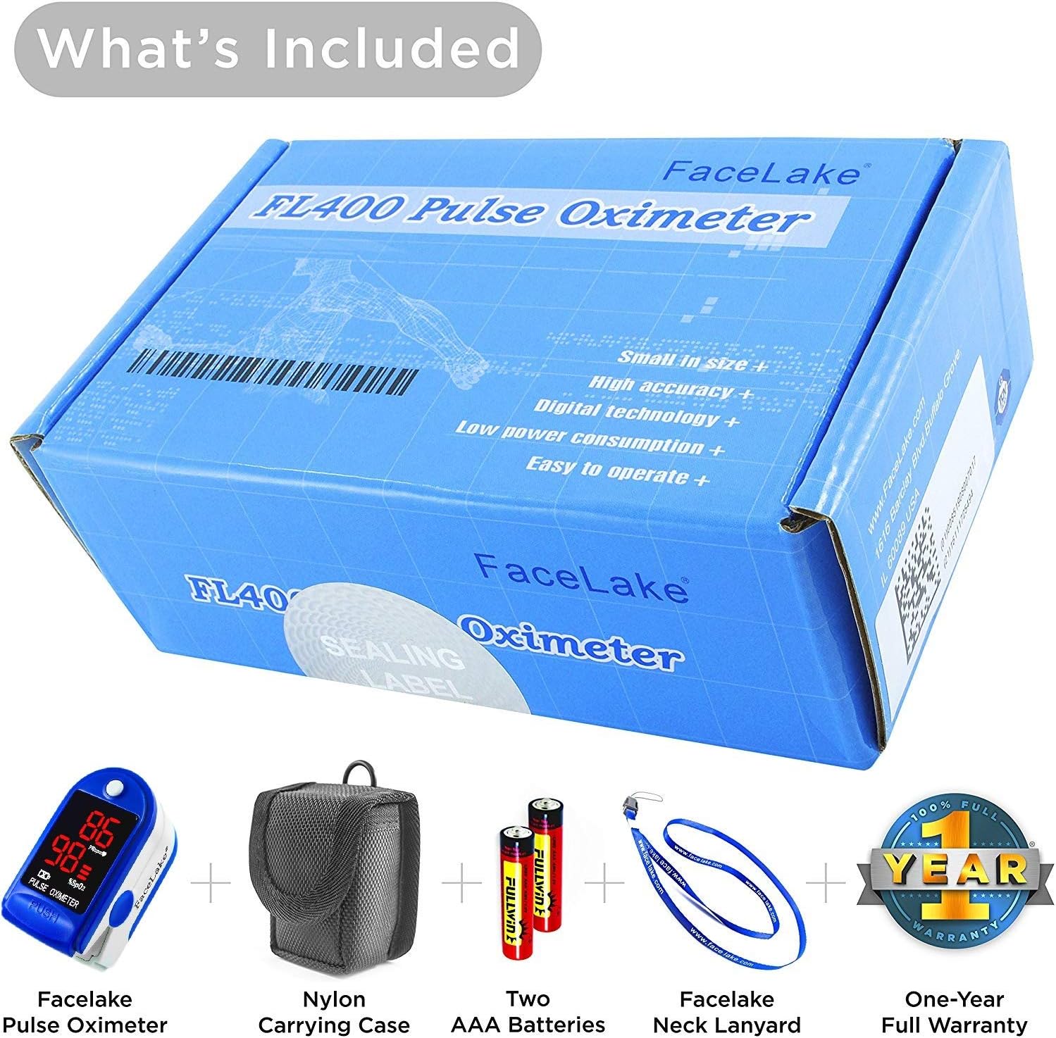 Facelake ® FL400 Pulse Oximeter with Carrying Case, Batteries, Neck/Wrist Cord - Blue: Health & Personal Care