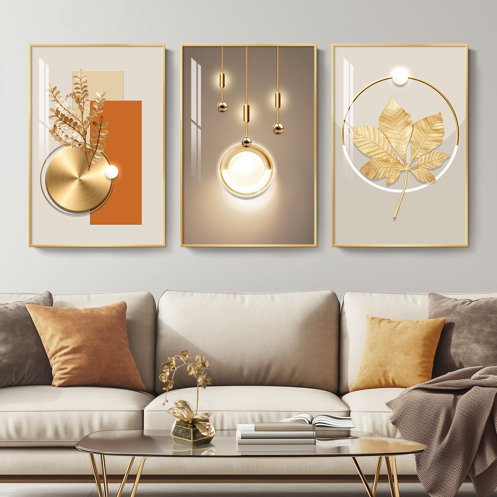 Photo 1 of Framed Modern Luxury Gold Wall Art, Set of 3 Piece Contemporary Paintings Artwork for Walls, Golden Prints Pictures with Gold Frame, Wall Decor for Living Room, Hallway, Bedroom, Office 16x24 Inch